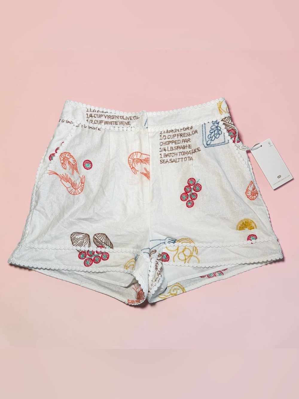 Caroline Constas Women’s Frutti Di Mare Shorts Sz 4 White Linen Embroidered NWT